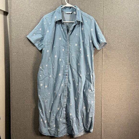 Denim & Co. Stretch Lyocell Star Print Short-Sleeve Shirtdress Light Wash, Small - Picture 1 of 7